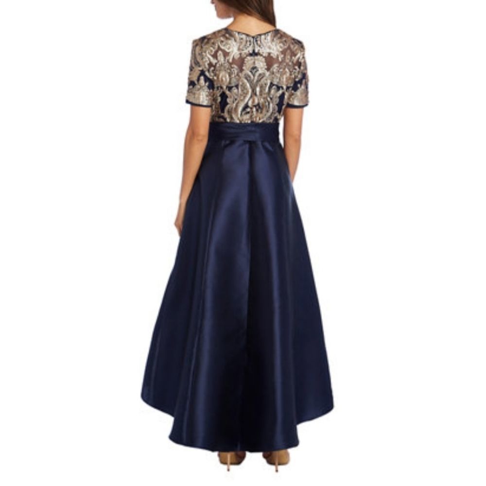R&M Richards Blue and Gold Embellished Sequin Bow High Low Ball Gown Dress - Picture 2 of 12
